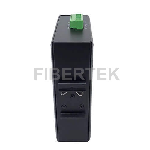 DIN-Rail clip view of Industrial Gigabit Ethernet Converter FCNID-4GN-2GS Series with 2 SFP slots and 4 RJ45 ports