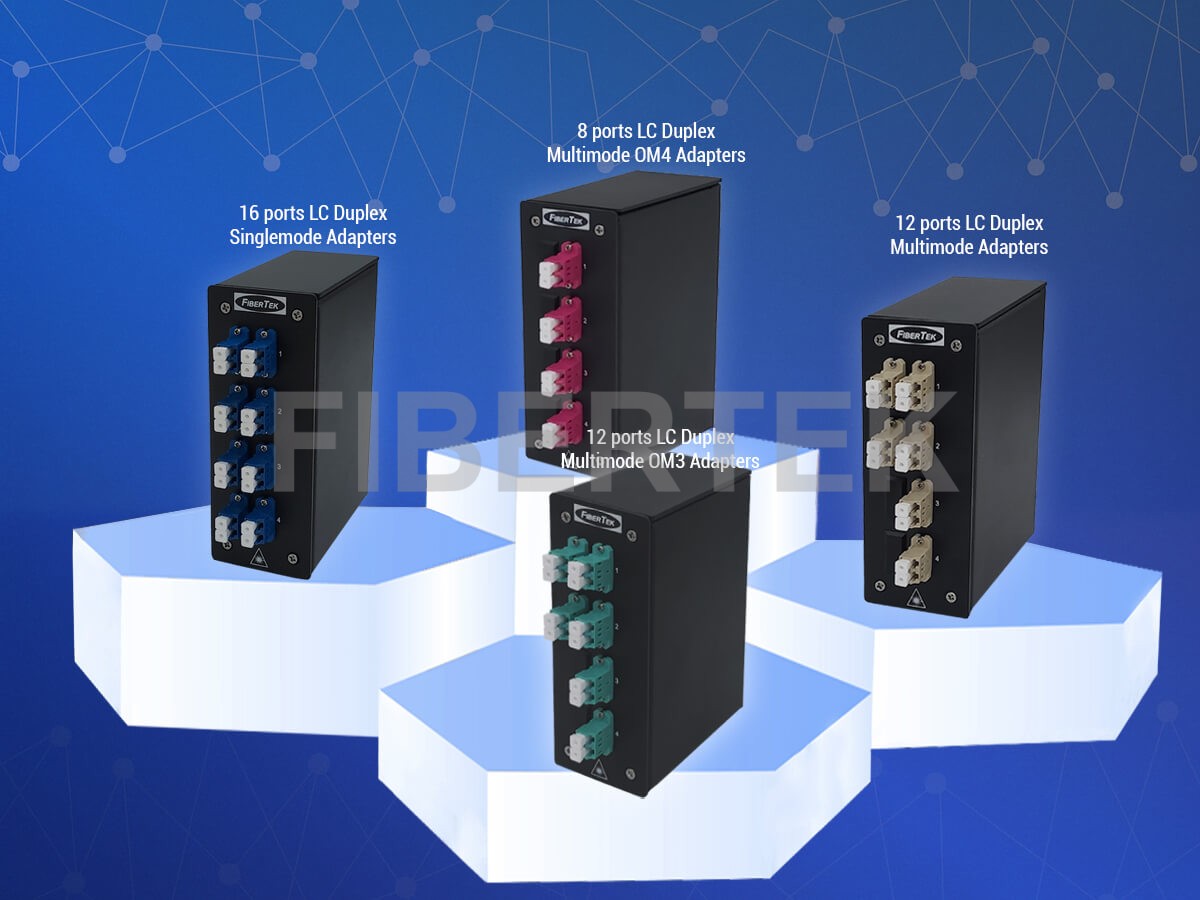 Group photo of DPPY12 DIN Rail Fiber Patch Panel with LC duplex adapters in different number of fiber ports and types